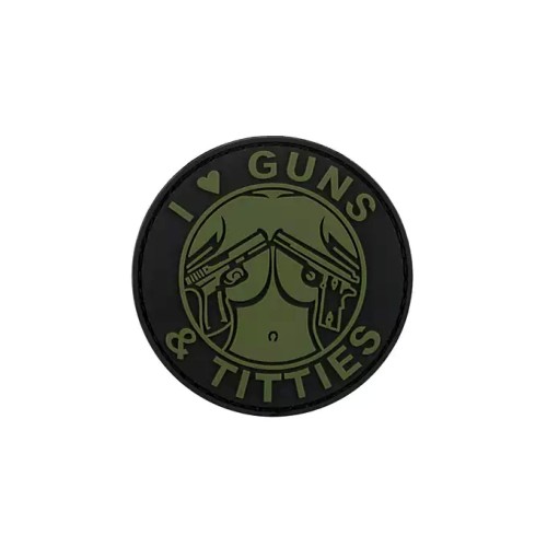 I LOVE PVC Patch 1 O/D, The “GUNS & TITTIES” PVC Patch 1 is a bold statement accessory popular within shooting, airsoft, and tactical communities
